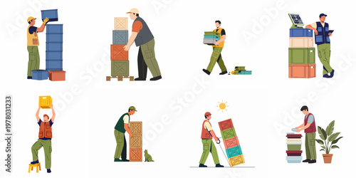 Set of Flat Vector Illustrations of Logistics and Warehouse Workers Stacking Crates, Moving Boxes, and Managing Inventory in Various Scenarios.