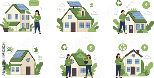 Eco Friendly Smart Home Illustration Set with Solar Panels Renewable Energy Sustainable Living Green Technology and Environmental Lifestyle Scenes