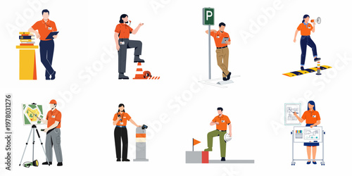Flat character set of professional workers in orange uniforms performing various service duties like parking management, traffic control, and facility coordination.