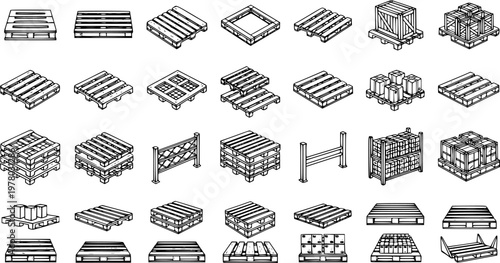 Detailed set of pallet and warehousing icons in black and white line art, showcasing various logistic and storage objects like stacked crates, boxes, and empty pallets.