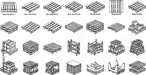 Detailed Isometric Line Art Vector Set of Various Pallet Types, Stacking Methods, and Storage Solutions for Logistics and Warehousing