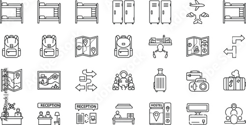 Travel and accommodation line icons set with hostel luggage airplane map booking reception and tourism service concepts