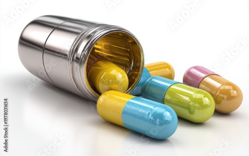 Assorted Colorful Medical Capsules Spilling Out of Silver Container on White Background