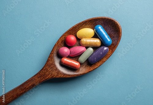 Assorted Colorful Health Supplements And Vitamins On Wooden Spoon Over Blue Textured Background