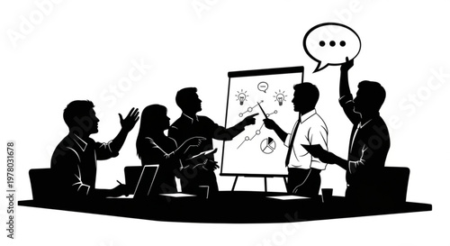 Silhouette of a business meeting with a presentation board and discussion bubble
