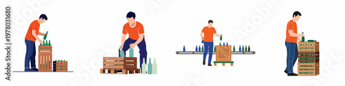 Vector illustrations of a male worker sorting and packing glass bottles into wooden crates for recycling and industrial distribution.