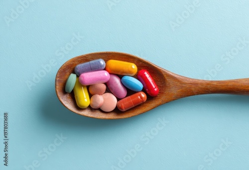 Assorted Colorful Medicine Capsules and Tablets on Wooden Spoon Against Blue Background