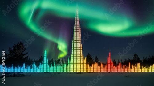 Aurora Borealis Over Snowy Forest With Colorful Equalizer Sound Wave