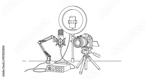 Professional content creation station featuring camera, ring light, microphone, and audio interface for streaming, vlogging, and podcast production