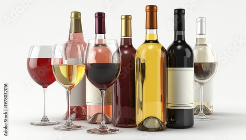 Assortment Of Wine Bottles And Glasses Filled With Red White And Rose Wine On White Background