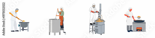 Flat vector illustrations of industrial food production processes featuring workers in uniforms stirring, mixing, and cooking in large containers.