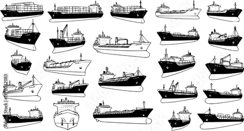 Comprehensive Hand-Drawn Collection of Cargo Ships, Freighters, Container Vessels, and Tankers for Global Shipping and Maritime Transport, Black and White Sketch Vector Set