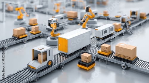 Automated Conveyor Belt System With Robotic Arms Moving Boxes In A Modern Factory Warehouse