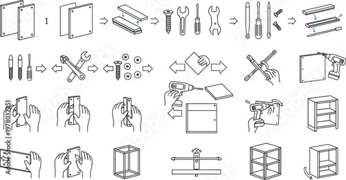 Furniture assembly and DIY installation line icons set with tools screws panels drilling and step by step construction concepts
