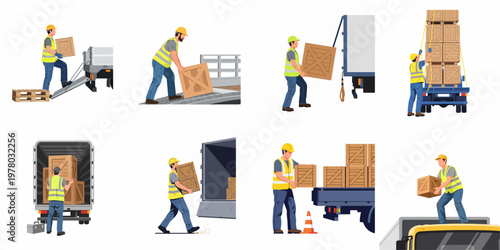 Set of vector illustrations depicting logistics workers in safety gear loading and unloading wooden crates from various delivery trucks and trailers.