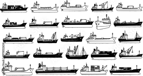 Hand-Drawn Black and White Line Art Set of Various Cargo Ships and Merchant Vessels. Diverse Collection of Merchant Marine Boats for Maritime Transport and Logistics Illustrations