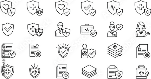 Healthcare insurance and medical protection line icons set with shield hospital doctor patient records and health safety concepts