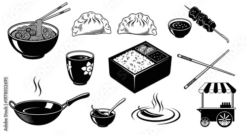 Traditional Asian Food Icons and Street Food Culinary Set