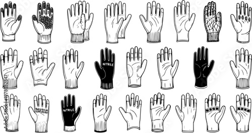 Gloves Collection: Hand Drawn Variety of Protective Workwear