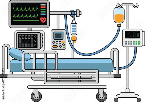 hospital intensive care unit bed, patient monitoring system, ventilator equipment, medical illustration, ICU setup, healthcare technology, emergency treatment scene