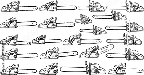 Black and white seamless pattern of various hand-drawn cartoon chainsaws. Illustration background for lumberjack, carpentry, or tool themes.