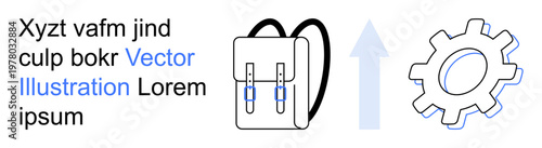 Education, career growth, innovation, student tools, progress, success. A backpack, upward arrow and gear shape learning and career development. Education and career growth