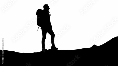 Person standing on cliff edge with backpack looking out at landscape