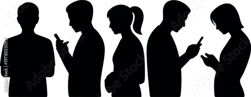 People using smartphones silhouettes minimal black vector illustration for social media communication mobile addiction and digital lifestyle concept use