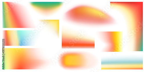 Collection of cinematic light leaks. Bright transparent iridescent fluid liquid gradients with overlay effect. Vector colorful gradients bokeh with a holographic flairs for vintage, dreamy effects.