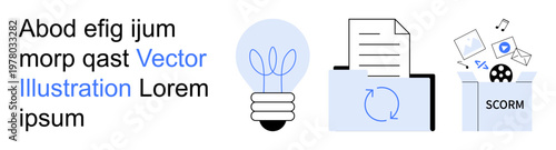 Digital learning, education, content sharing, innovation, online knowledge, technology integration. Light bulb, document with arrows and SCORM box elements. Digital learning and education concepts