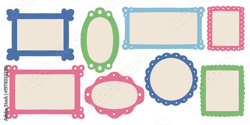 Set of colorful hand drawn doodle border frames and labels. Border frames, square, rectangle shapes, line drawings, circle. Cartoon kids squiggly scrapbook stamp simple cards vector illustration
