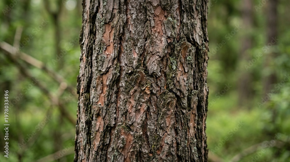 Fototapeta premium Close-up of rough, textured pine tree bark in a forest with soft green bokeh background