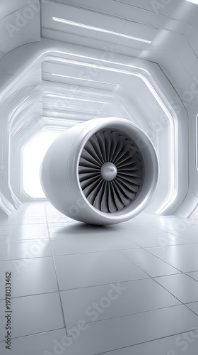 Futuristic jet engine in a sleek corridor. industrial energy efficiency green factory renewable energy sustainable industry clean technology carbon reduction
