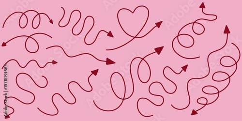 Set of hand drawn wavy and curly decorative arrows. Doodles with wavy arrow symbols. Minimalist hand drawn pointer elements for design and journaling