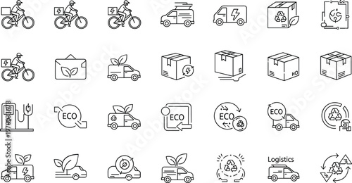 Eco friendly delivery and green logistics line icons set with electric transport recycling packaging and sustainable shipping concepts