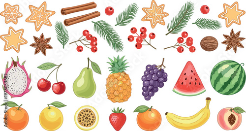 Festive fruit and spice vector illustration set featuring cinnamon star anise berries citrus pineapple watermelon and assorted fresh fruits