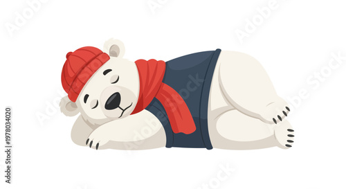 Cute Polar Bear Sleeping in Winter Clothes, Cozy and Warm Illustration