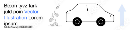Financial growth, automotive investment, savings, profit, economy, future trends. Car alongside falling coins and an upward arrow. Financial growth and automotive investment concepts