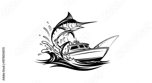Marlin Fishing Boat Leaping Out of Water, Deep Sea Fishing, Sport Fishing Illustration