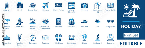 Holiday icon set. Containing luggage, hotel, airplane, passport, cruise ship, camera, tropical island and more. Solid vector icons collection.