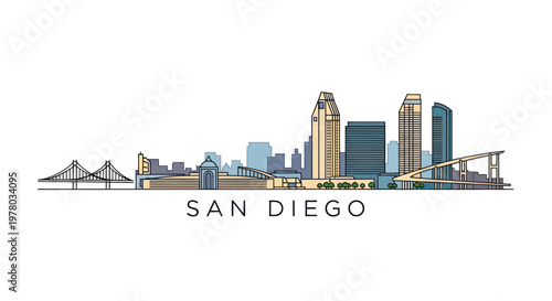 San Diego Skyline Cityscape Illustration with Bridges and Buildings