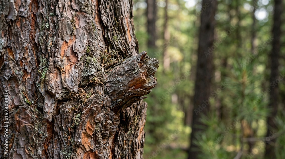 Obraz premium Close-up of a weathered pine tree trunk with a broken branch stub and moss in a forest