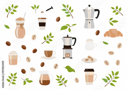Coffee and pastry illustration featuring various brewing methods and elements