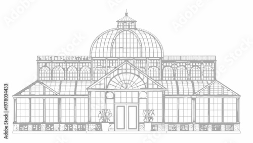 Detailed grayscale line drawing of a classic victorian glasshouse structure