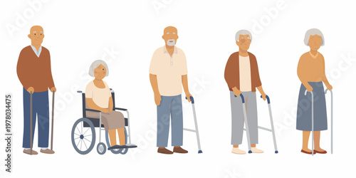 Diverse group of senior adults illustrated in a simple flat style