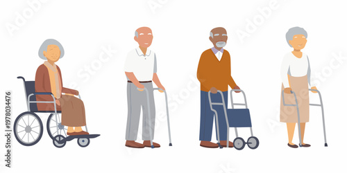 Diverse group of seniors utilizing mobility aids for independent living