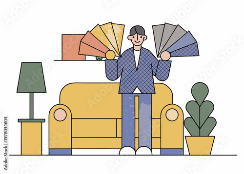 Interior designer presenting color swatches to a client in a living room