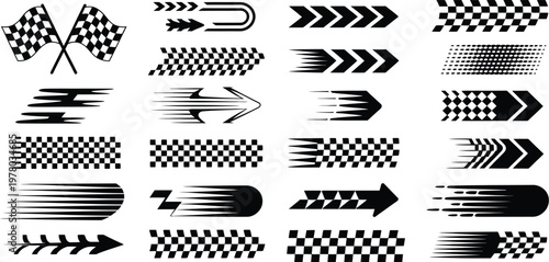 Race Car and Motorsports Vector Pack, Racing Stripes, Checkered Flags, Finish Line Elements, Speed Graphics, and Motocross Labels for Competition, Sport, and Automotive Design