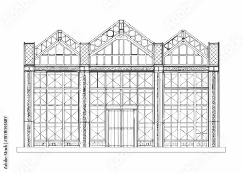 Architectural sketch of a vintage greenhouse with ornate detailing