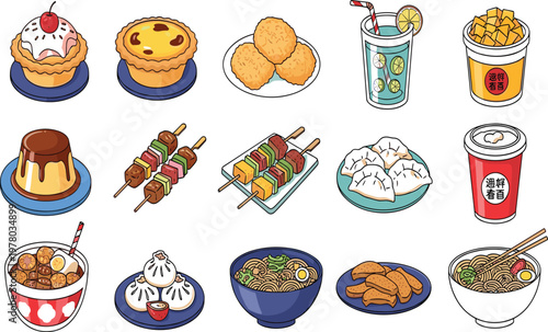 Hong Kong street food vector set with colorful desserts snacks drinks and savory dishes cartoon illustration